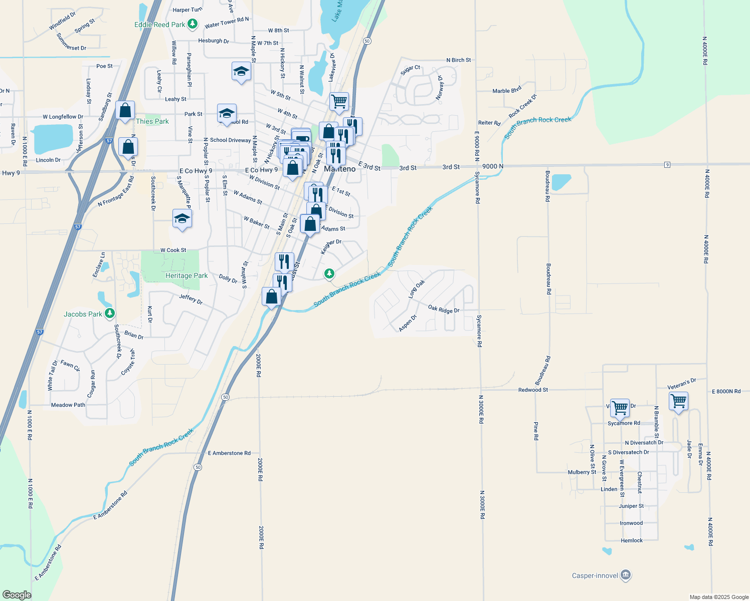 map of restaurants, bars, coffee shops, grocery stores, and more near 1103 Redbud Road in Manteno