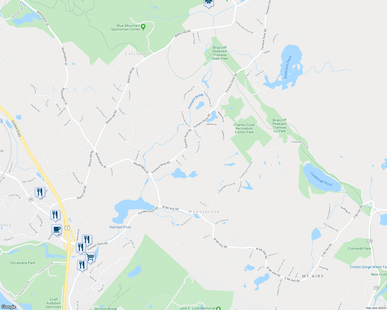 map of restaurants, bars, coffee shops, grocery stores, and more near 95 Inwood Lane West in Cortlandt