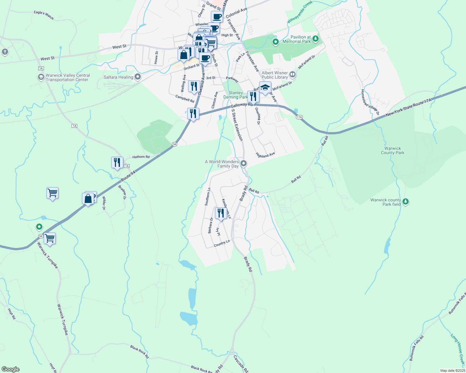 map of restaurants, bars, coffee shops, grocery stores, and more near 2 Arthurs Court in Warwick