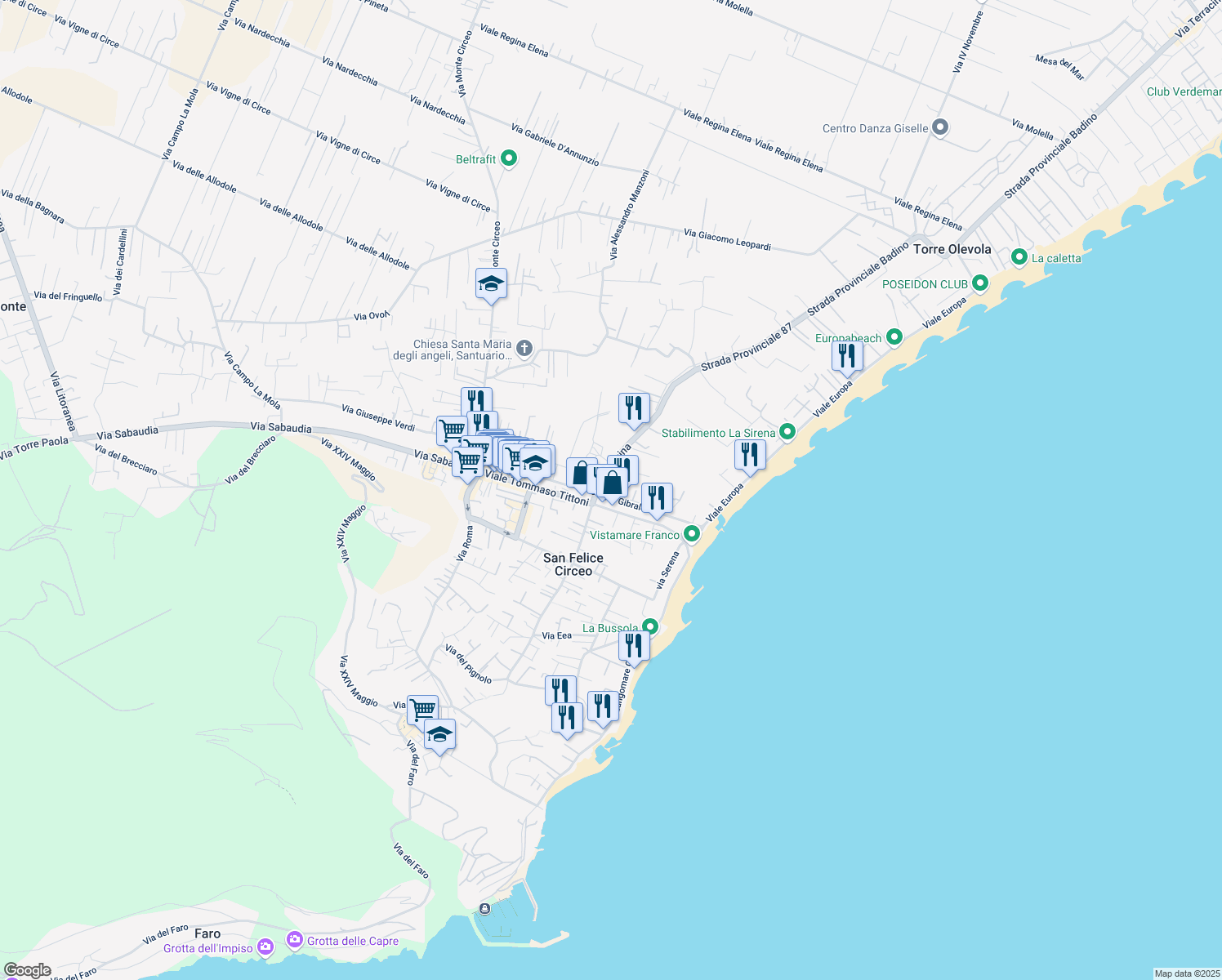 map of restaurants, bars, coffee shops, grocery stores, and more near 13 Via delle Sirene in San Felice Circeo