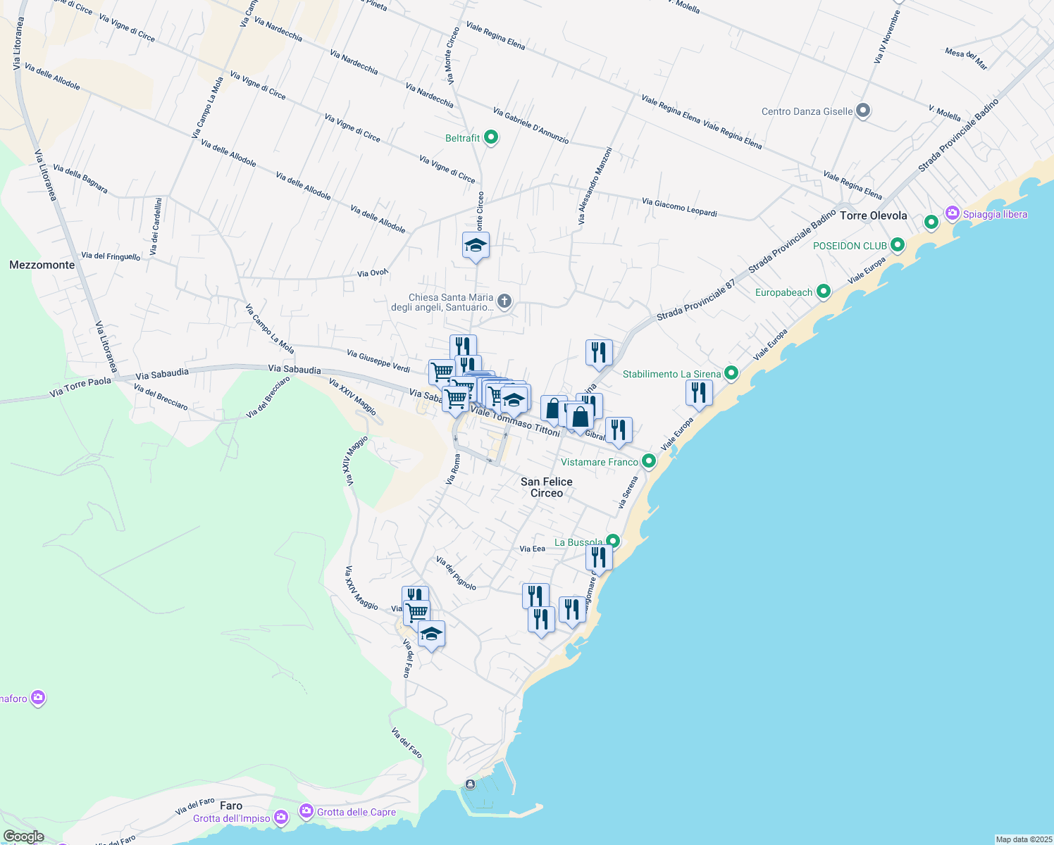 map of restaurants, bars, coffee shops, grocery stores, and more near 135 Viale Tommaso Tittoni in San Felice Circeo