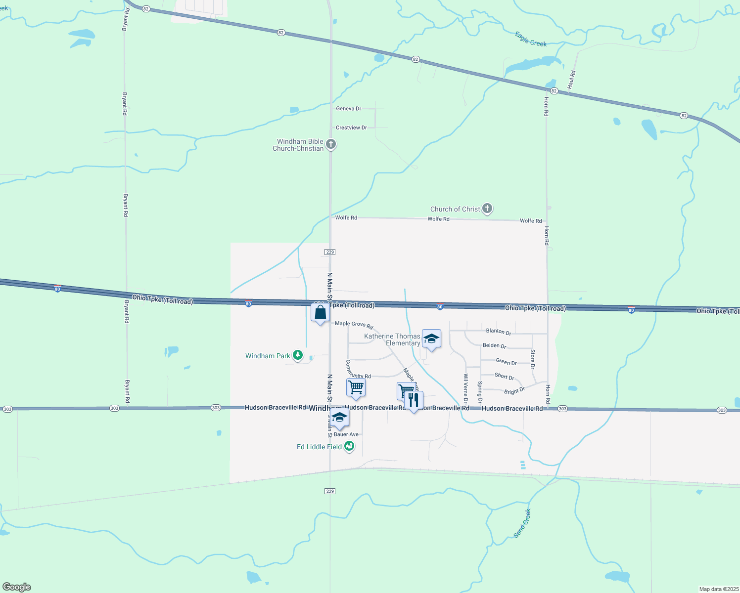 map of restaurants, bars, coffee shops, grocery stores, and more near 9564 Park Avenue in Windham