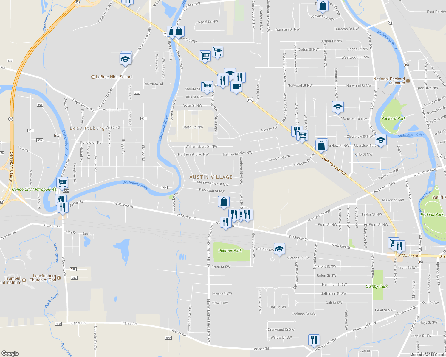 map of restaurants, bars, coffee shops, grocery stores, and more near 2873 Clearwater Street Northwest in Warren