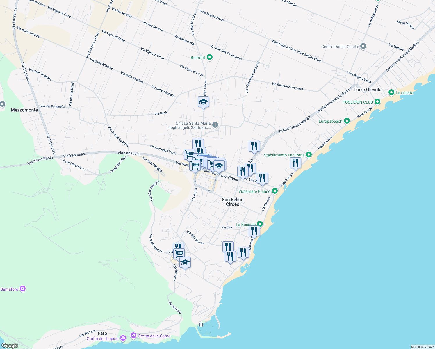 map of restaurants, bars, coffee shops, grocery stores, and more near 68 Viale Tommaso Tittoni in San Felice Circeo
