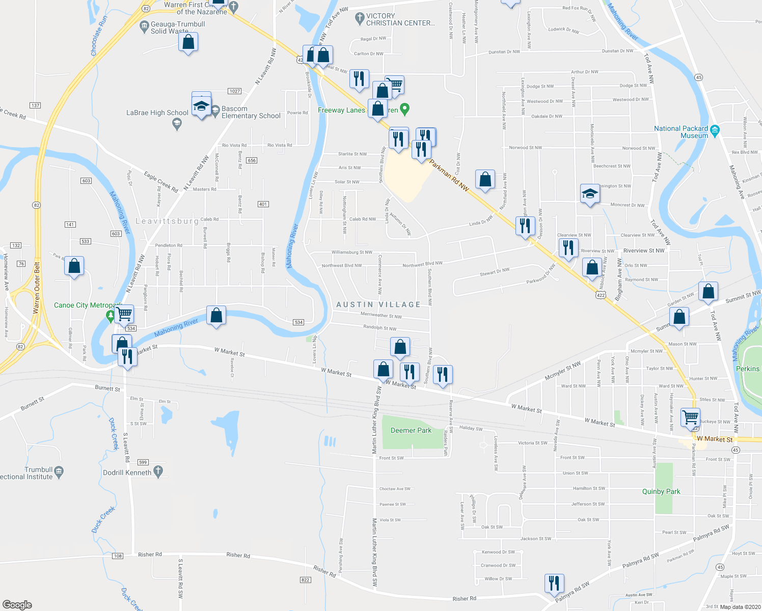map of restaurants, bars, coffee shops, grocery stores, and more near 2955 Clearwater Street Northwest in Warren