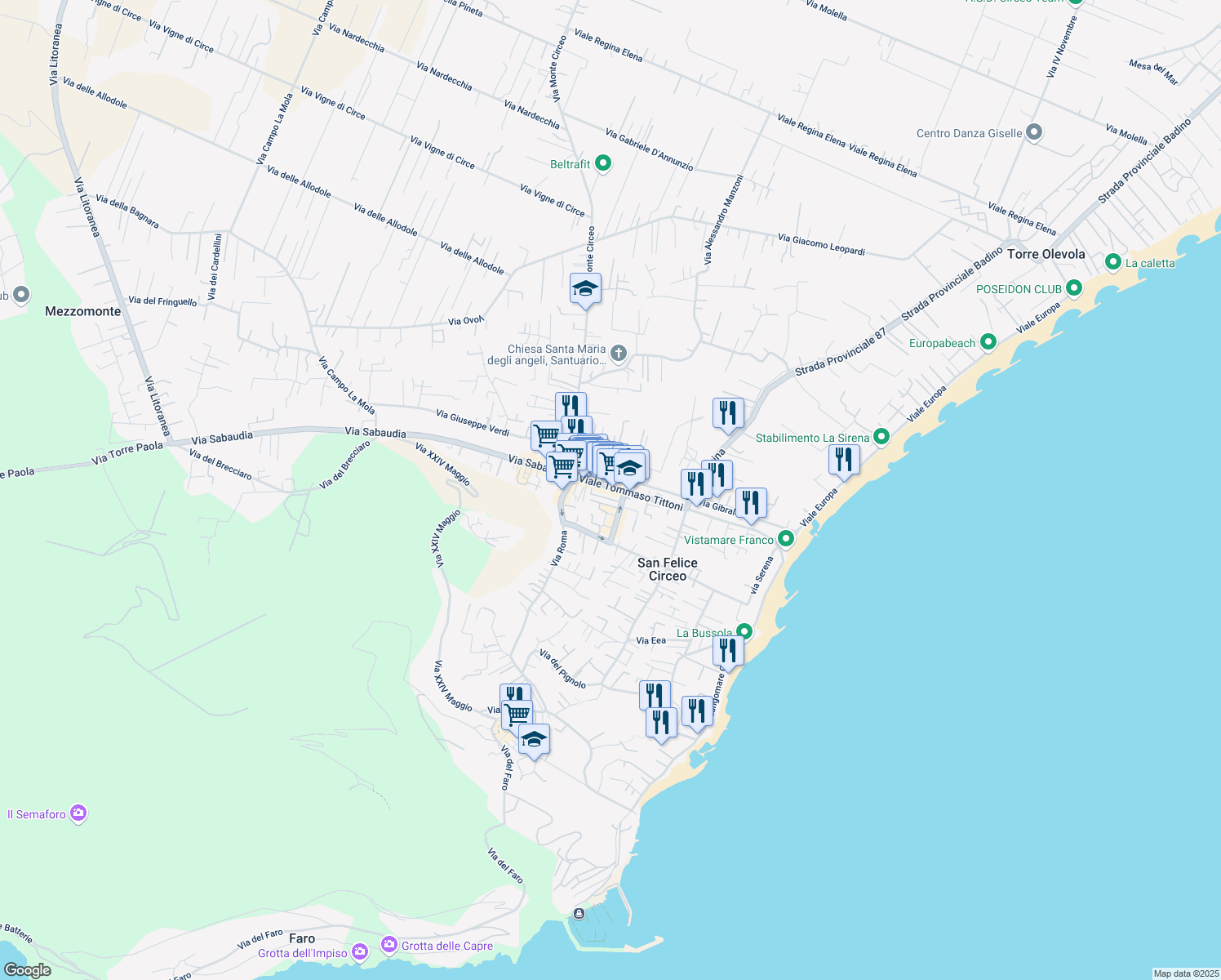 map of restaurants, bars, coffee shops, grocery stores, and more near 68 Viale Tommaso Tittoni in San Felice Circeo