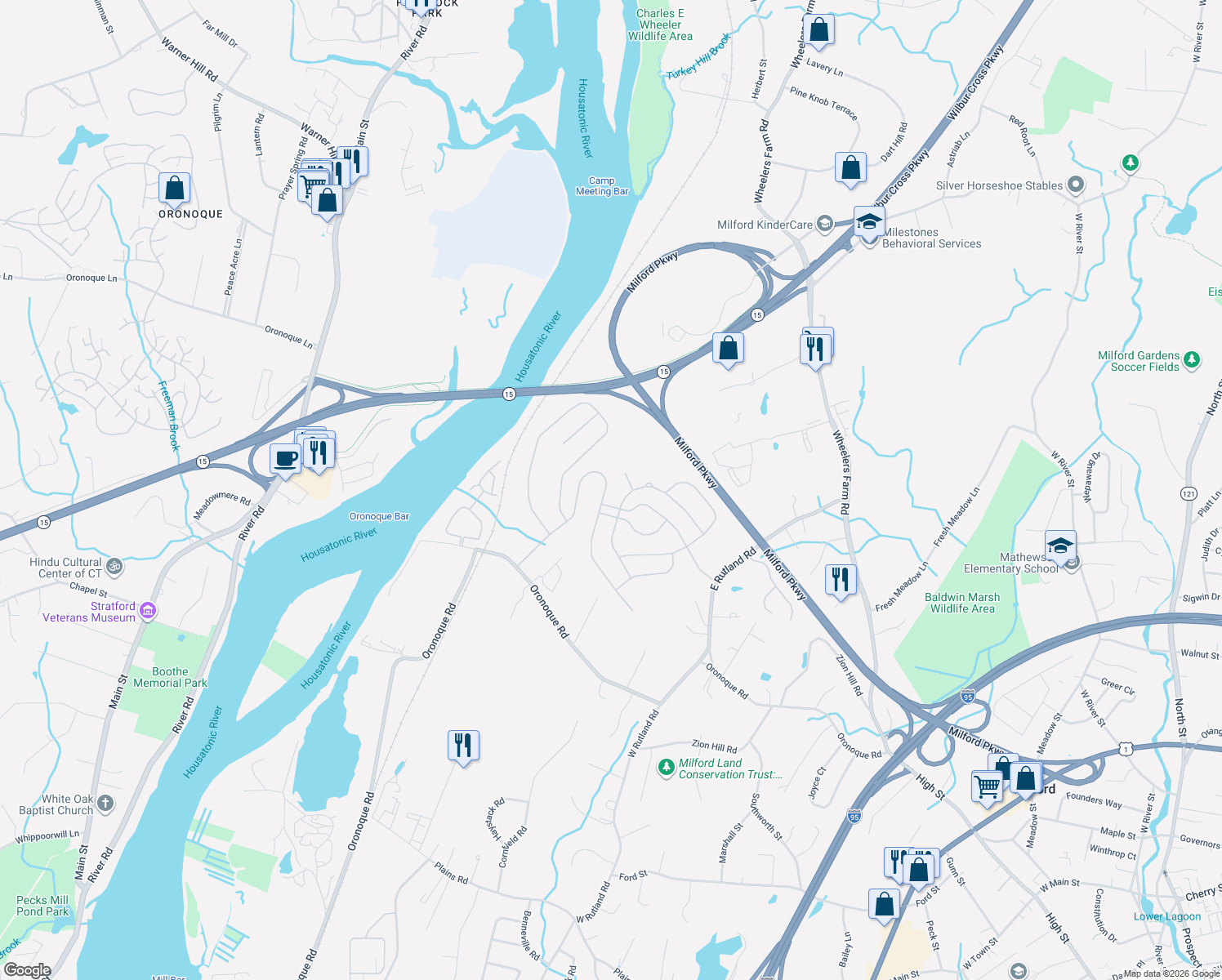 map of restaurants, bars, coffee shops, grocery stores, and more near 176 Acorn Ln in Milford