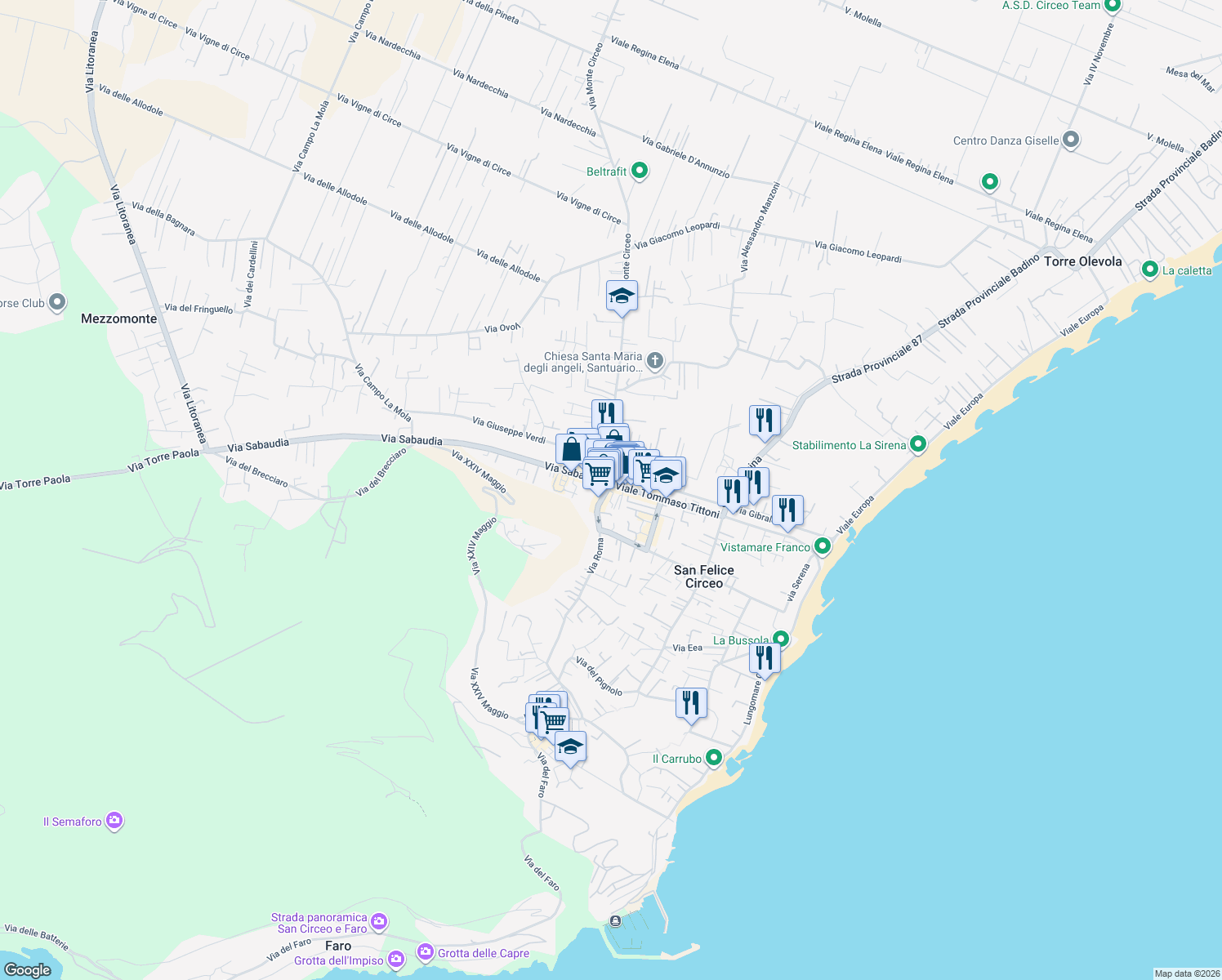 map of restaurants, bars, coffee shops, grocery stores, and more near 213 Via Roma in San Felice Circeo