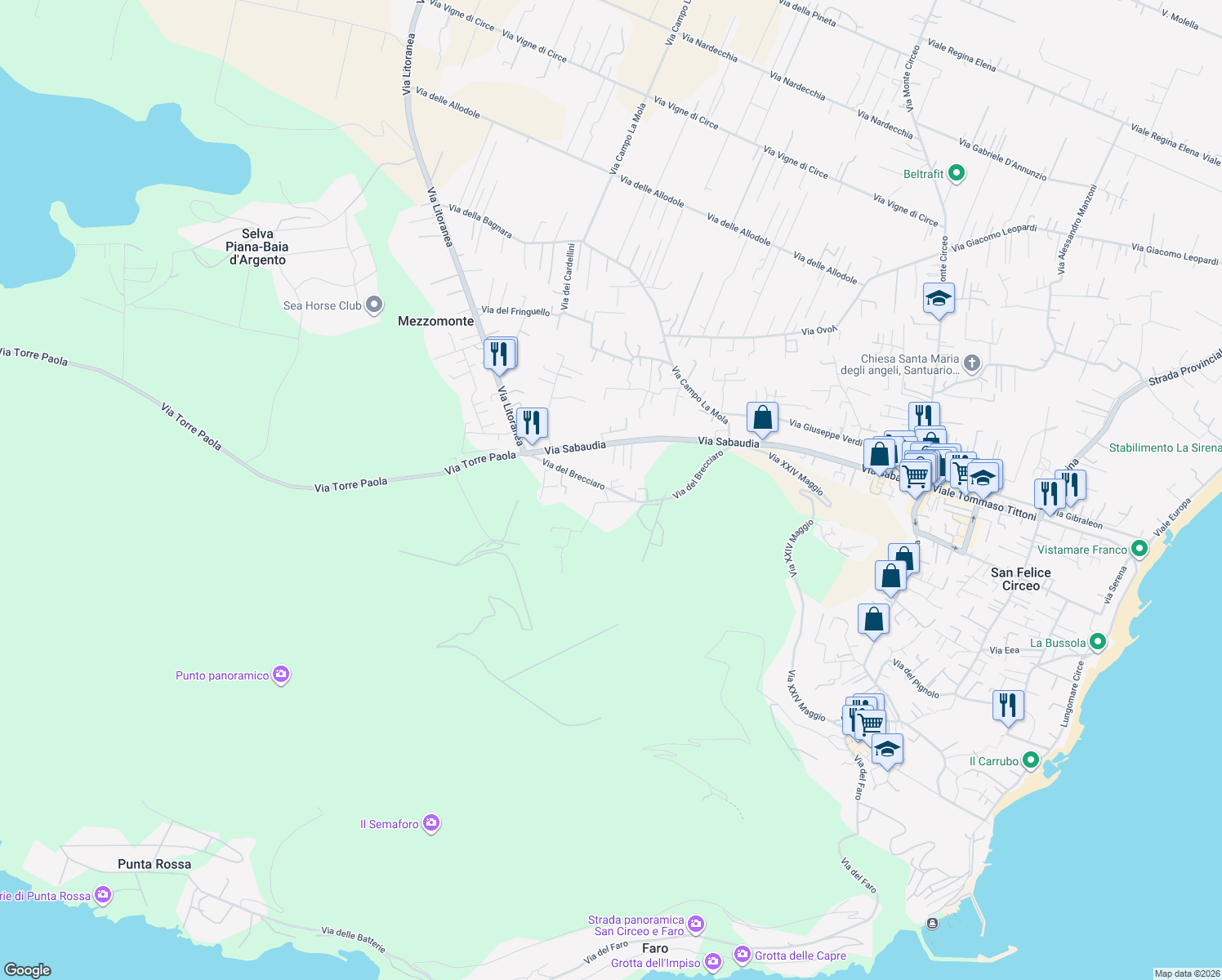 map of restaurants, bars, coffee shops, grocery stores, and more near 20 Via del Brecciaro in San Felice Circeo