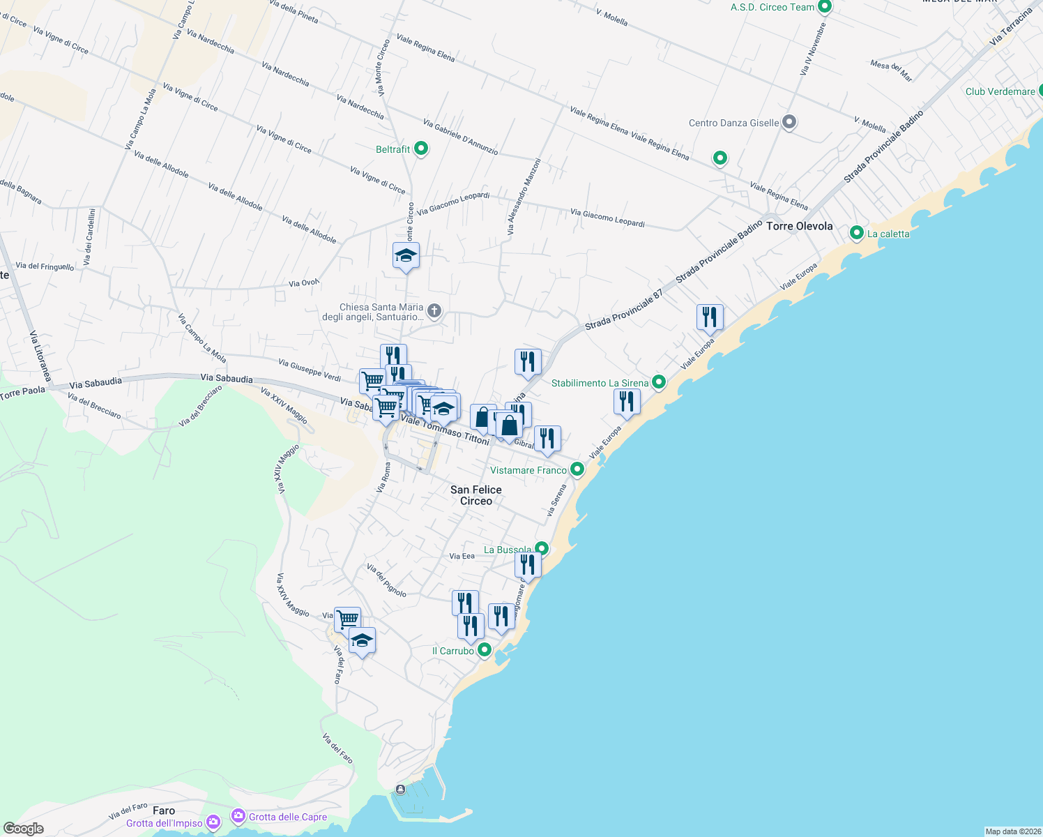 map of restaurants, bars, coffee shops, grocery stores, and more near 13 Via delle Sirene in San Felice Circeo
