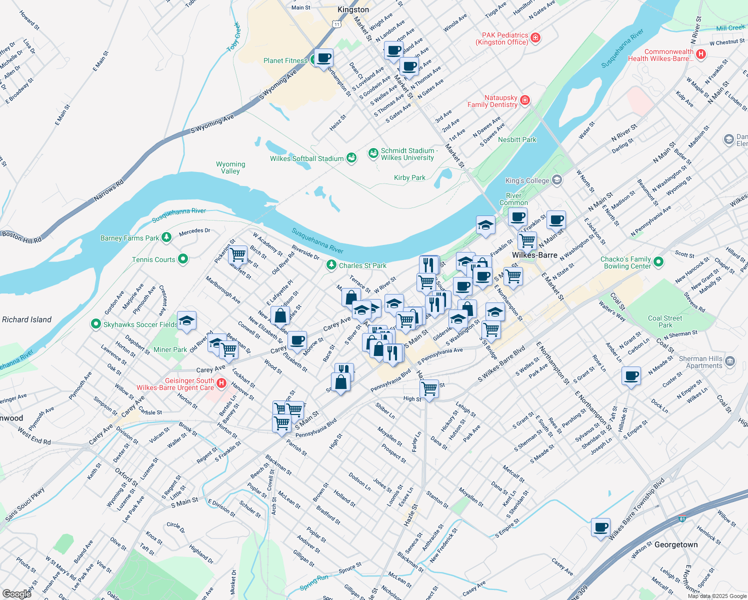 map of restaurants, bars, coffee shops, grocery stores, and more near 158 West River Street in Wilkes-Barre
