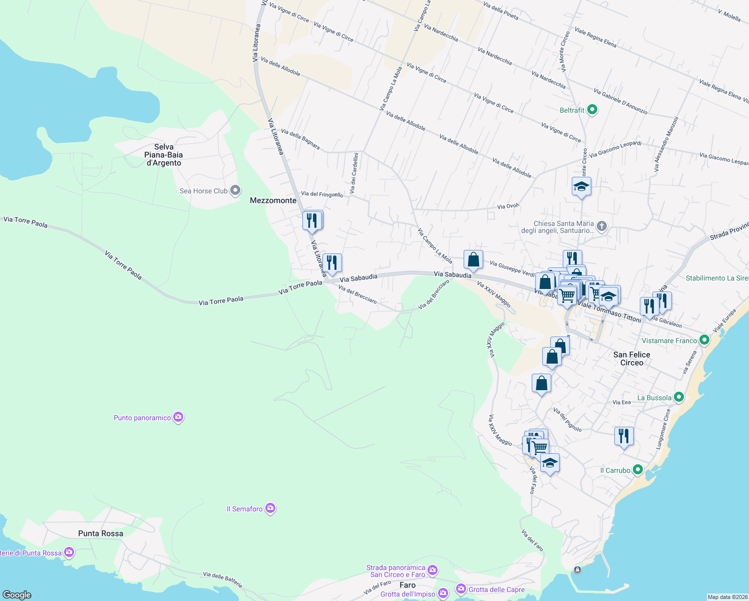 map of restaurants, bars, coffee shops, grocery stores, and more near 20 Via del Brecciaro in San Felice Circeo