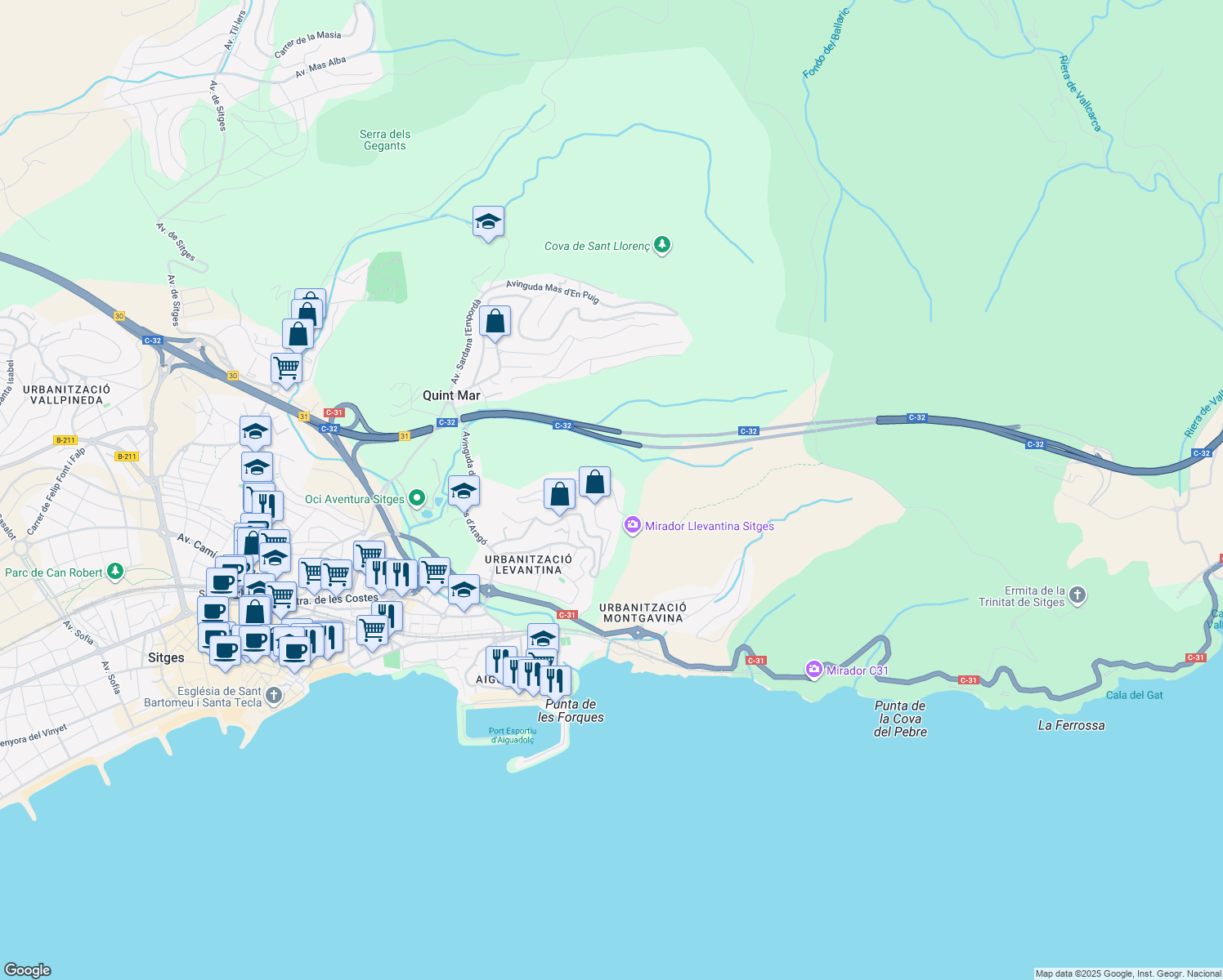 map of restaurants, bars, coffee shops, grocery stores, and more near 26 Avinguda de la Trinitat in Sitges