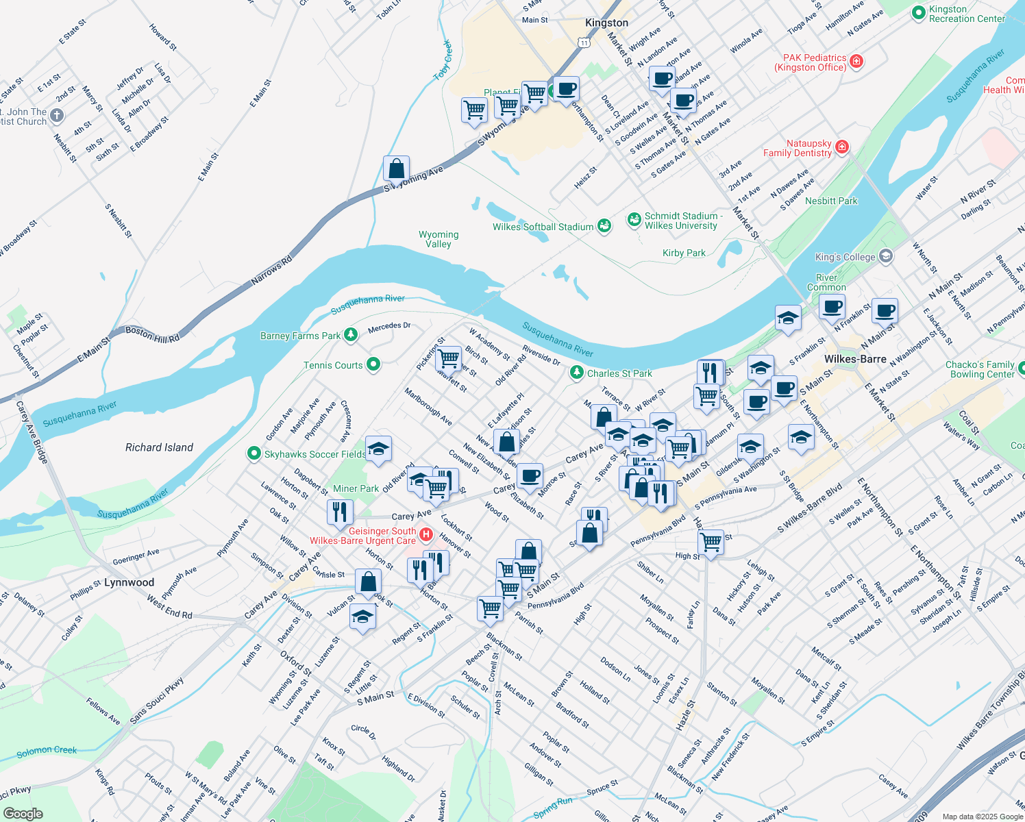 map of restaurants, bars, coffee shops, grocery stores, and more near 50 East Lafayette Place in Wilkes-Barre