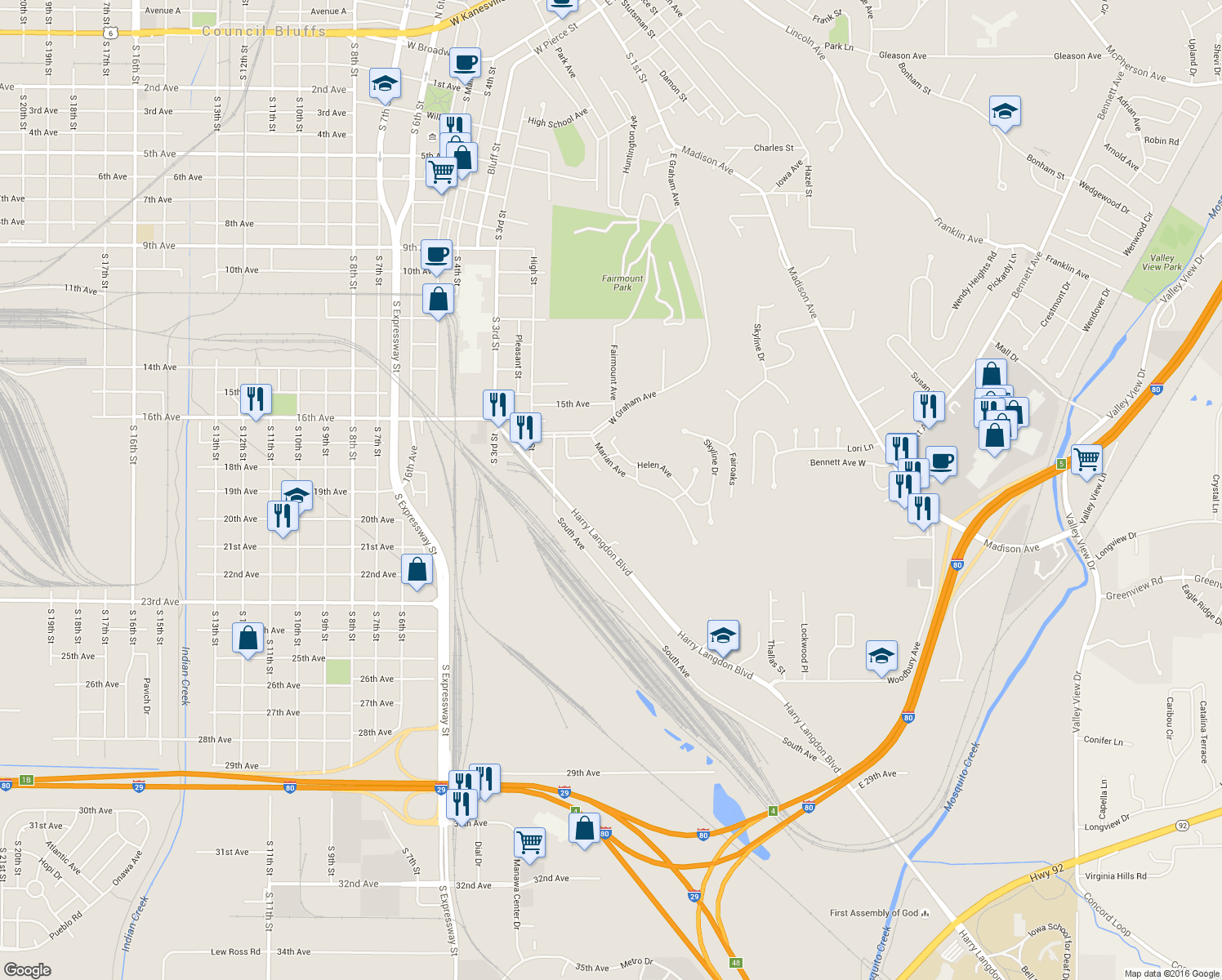 map of restaurants, bars, coffee shops, grocery stores, and more near 202 Marian Avenue in Council Bluffs