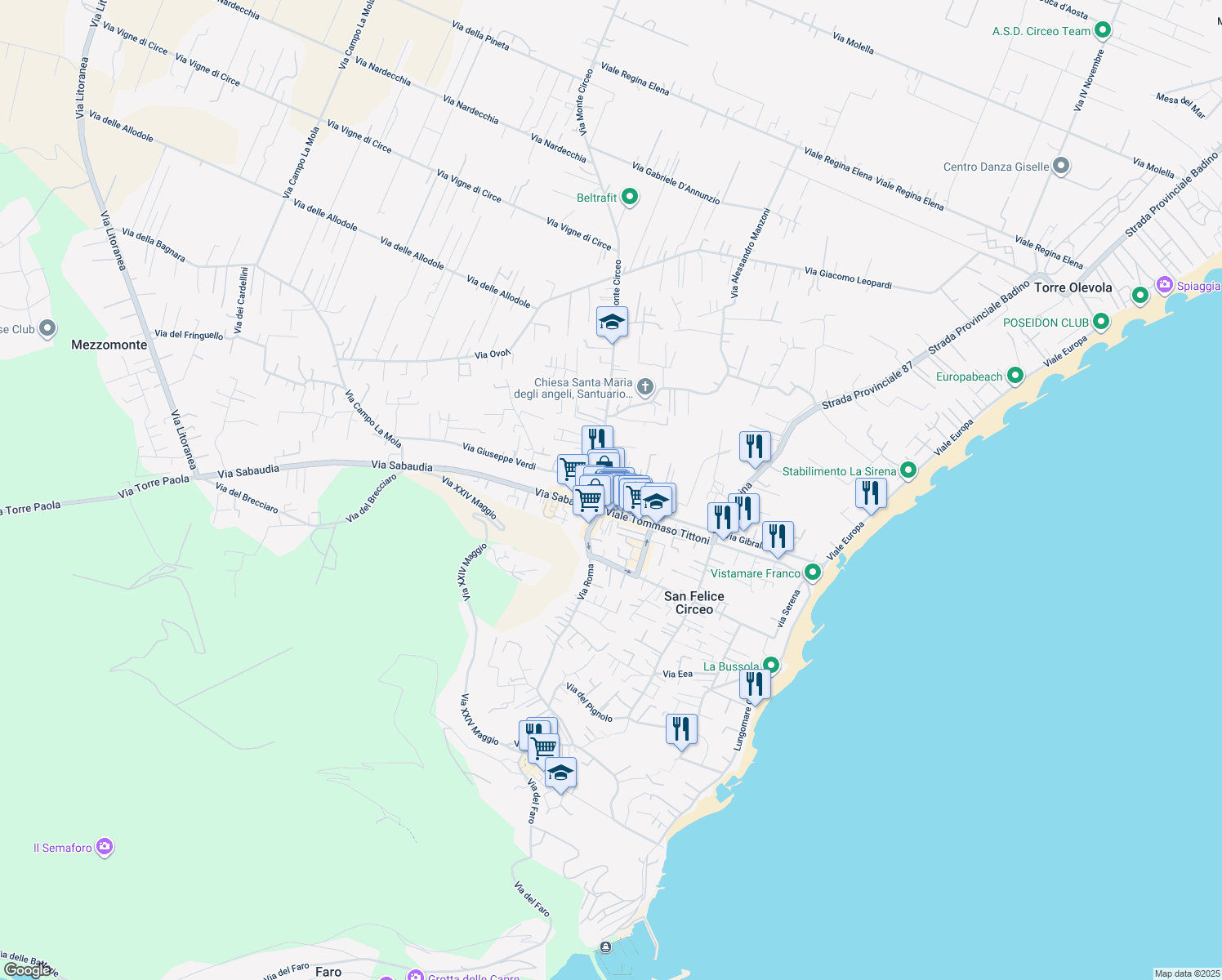 map of restaurants, bars, coffee shops, grocery stores, and more near 26 Via Montenero in San Felice Circeo