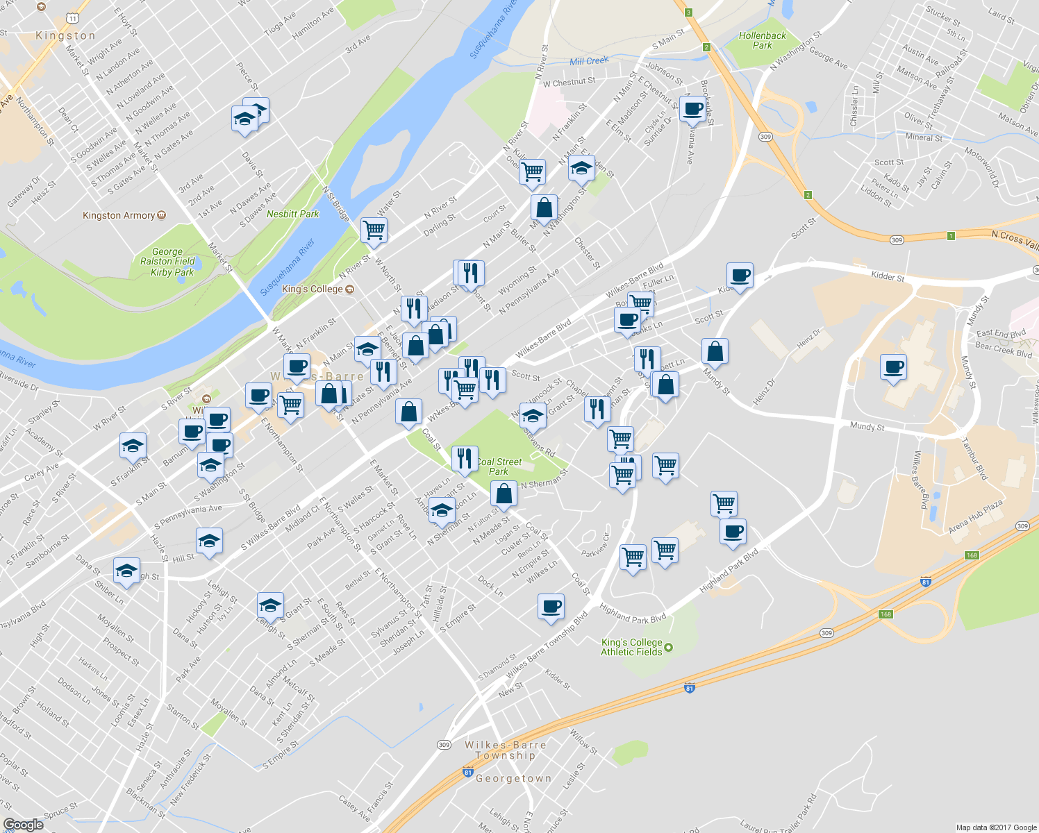 map of restaurants, bars, coffee shops, grocery stores, and more near 243 Weston Lane in Wilkes-Barre