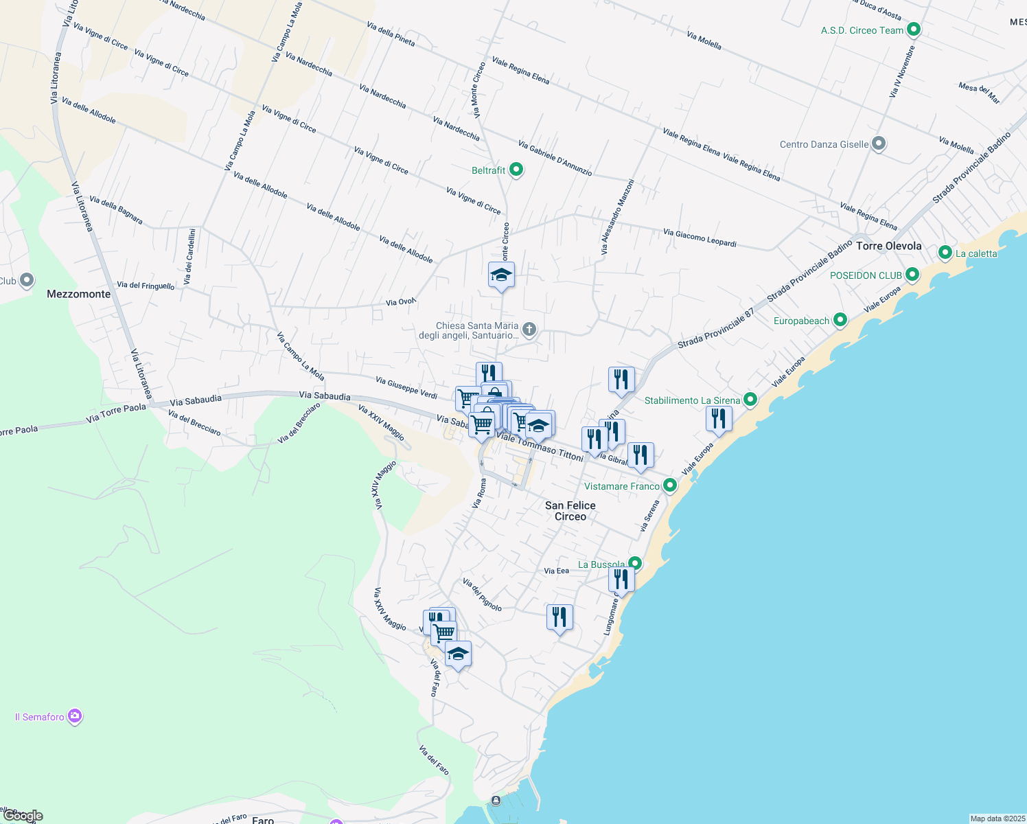 map of restaurants, bars, coffee shops, grocery stores, and more near 26 Via Montenero in San Felice Circeo