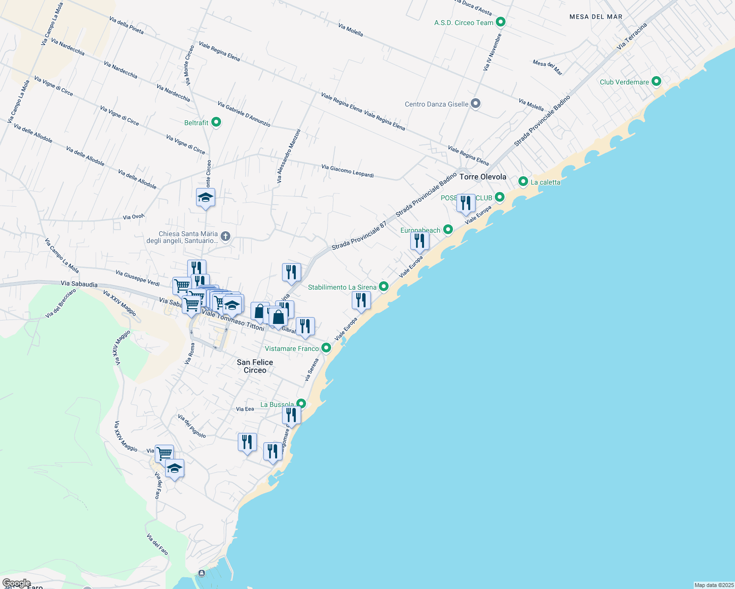 map of restaurants, bars, coffee shops, grocery stores, and more near 9 Viale Europa in San Felice Circeo