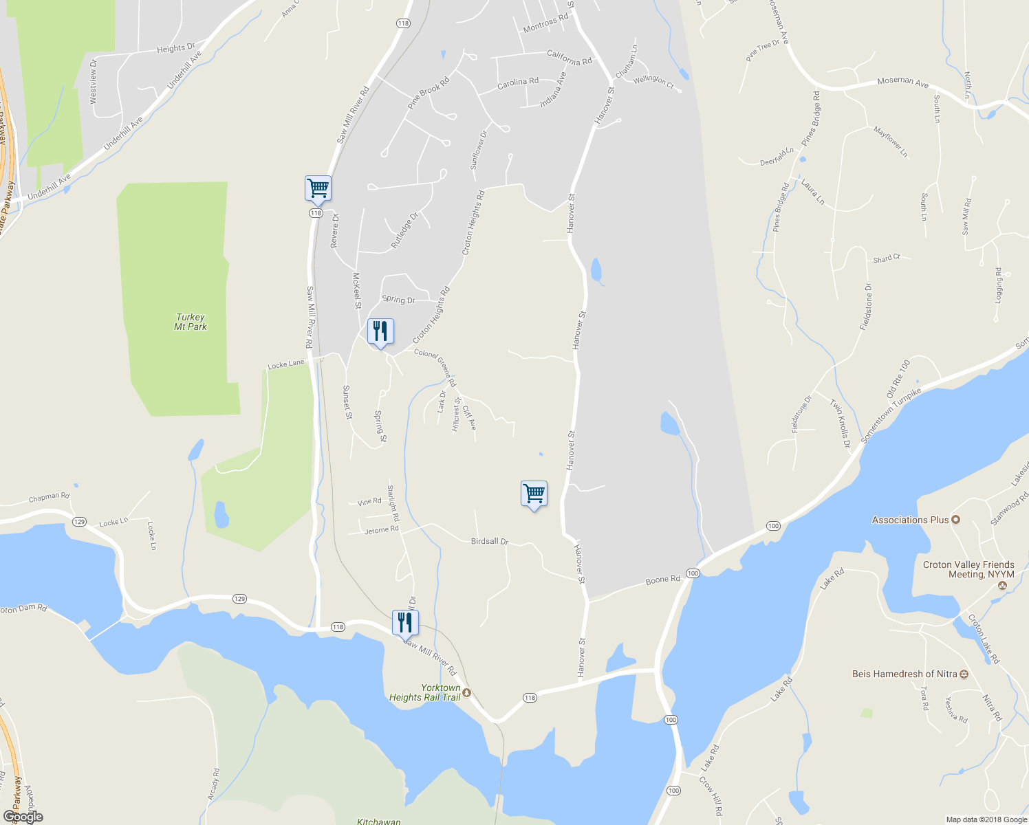 map of restaurants, bars, coffee shops, grocery stores, and more near 270 Colonel Greene Road in Yorktown Heights