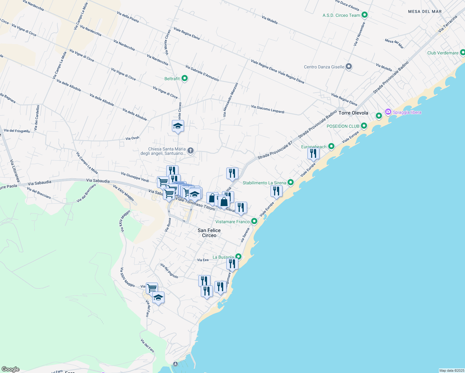 map of restaurants, bars, coffee shops, grocery stores, and more near S.P. Badino in San Felice Circeo