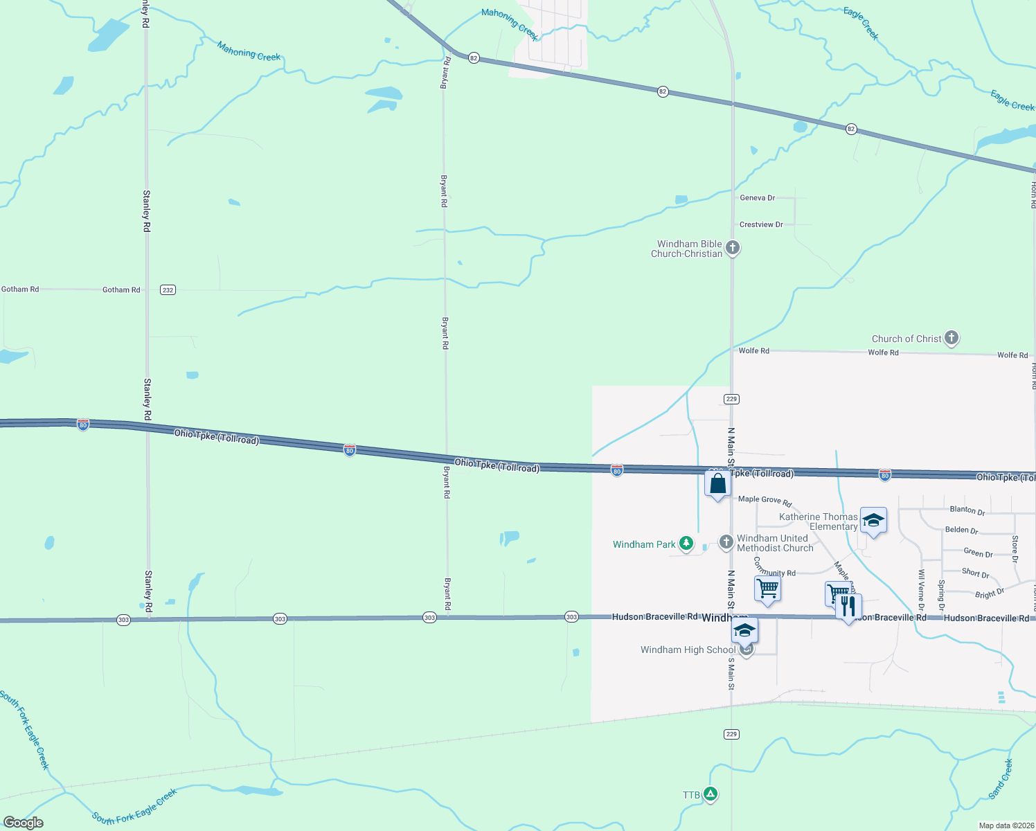 map of restaurants, bars, coffee shops, grocery stores, and more near 9278 Bryant Road in Windham