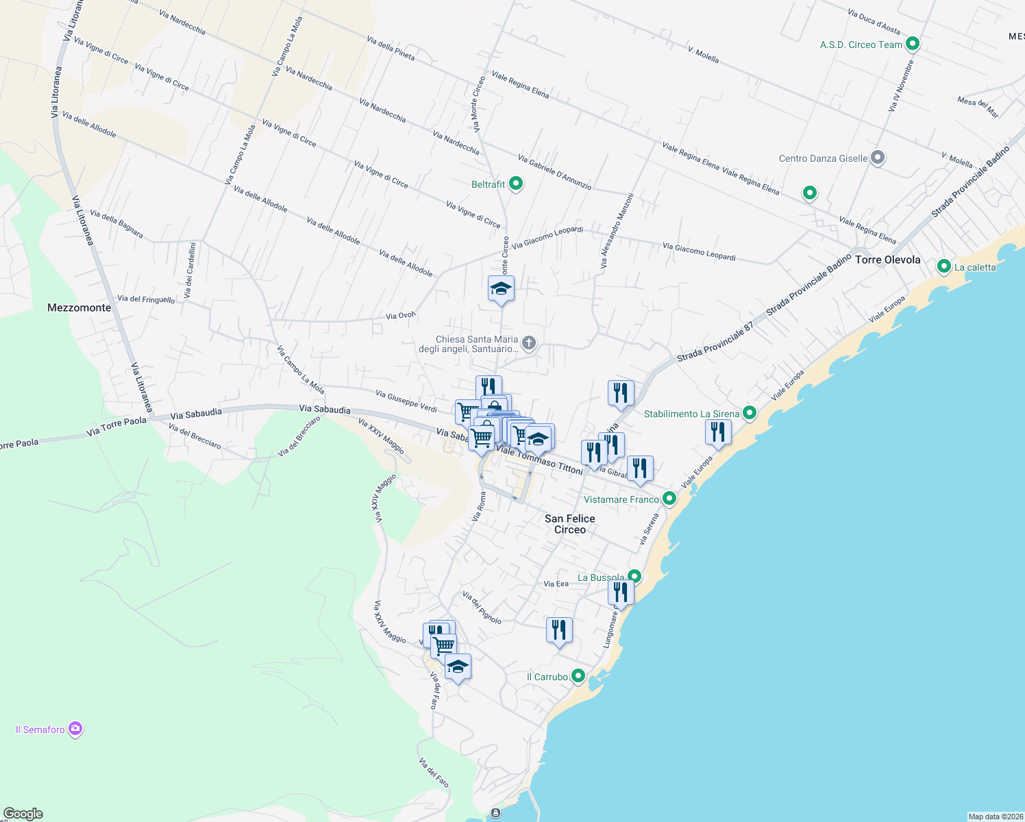 map of restaurants, bars, coffee shops, grocery stores, and more near 26 Via Montenero in San Felice Circeo