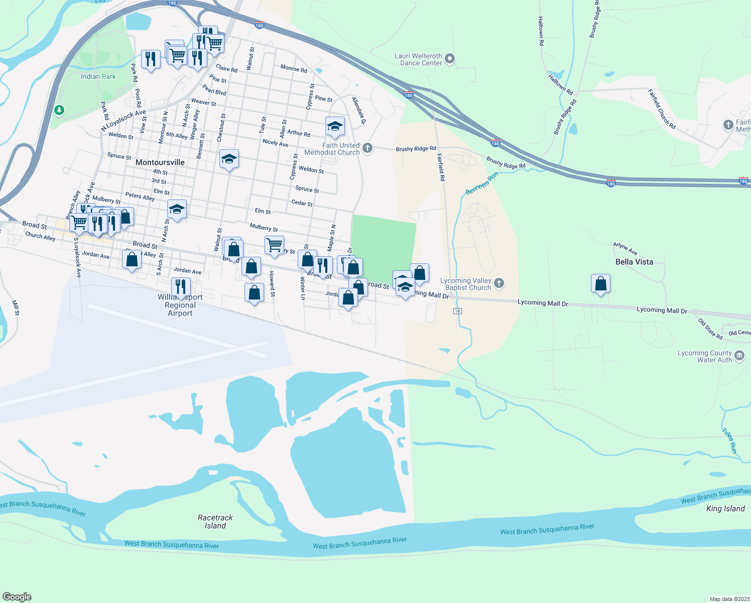 map of restaurants, bars, coffee shops, grocery stores, and more near 199 Reading Ln in Montoursville
