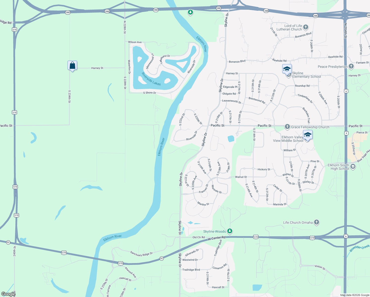 map of restaurants, bars, coffee shops, grocery stores, and more near 22141 Riverside Drive in Omaha