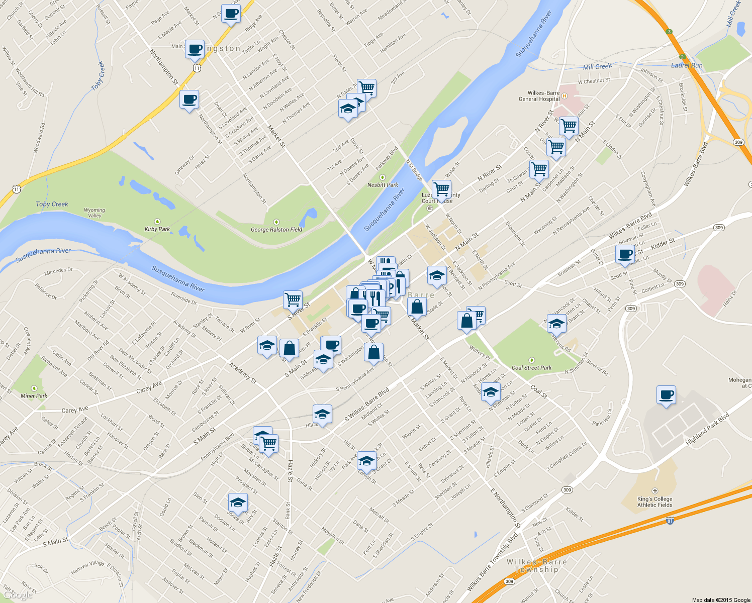 map of restaurants, bars, coffee shops, grocery stores, and more near 27-35 Public Square in Wilkes-Barre