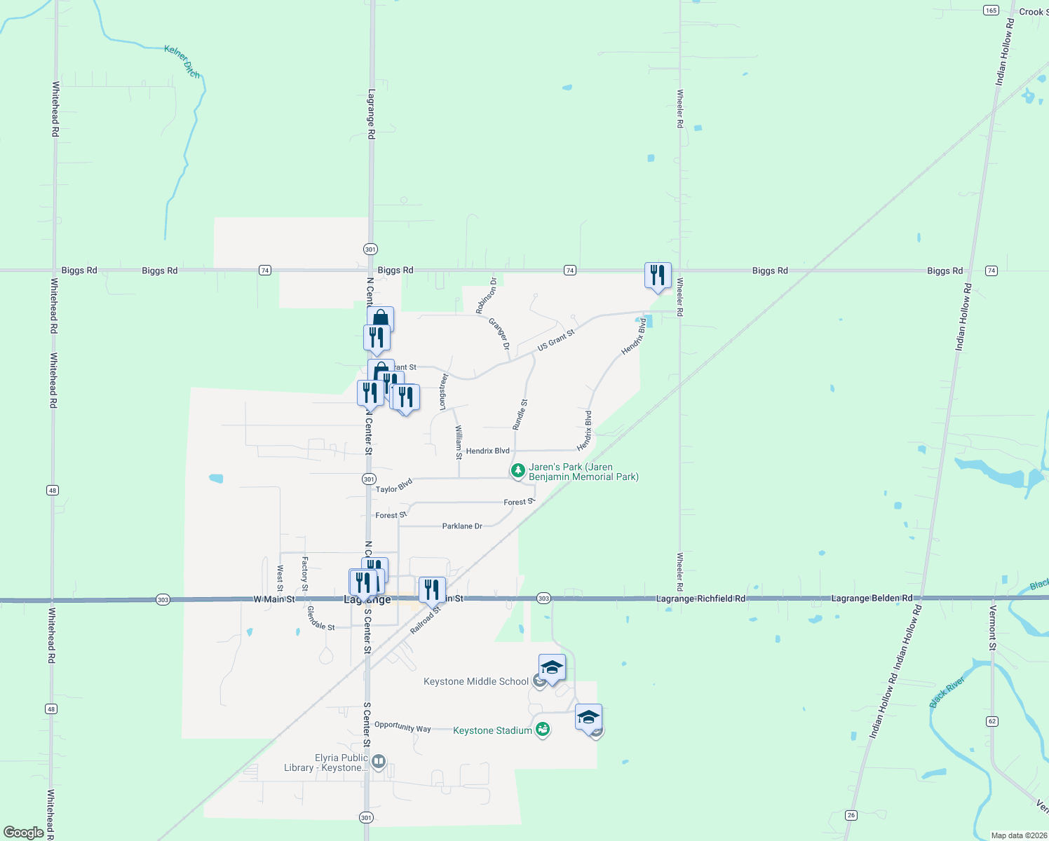map of restaurants, bars, coffee shops, grocery stores, and more near 608 Rundle Street in LaGrange