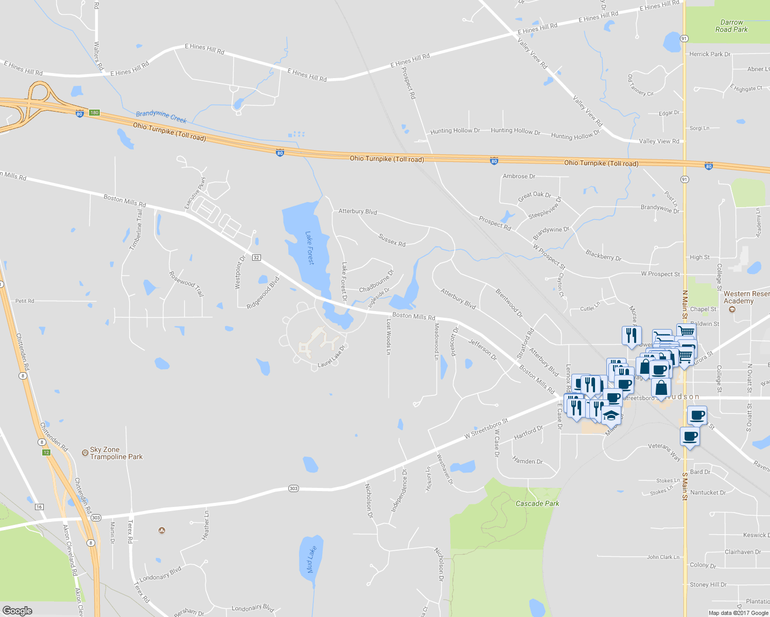 map of restaurants, bars, coffee shops, grocery stores, and more near 389 Boston Mills Road in Hudson