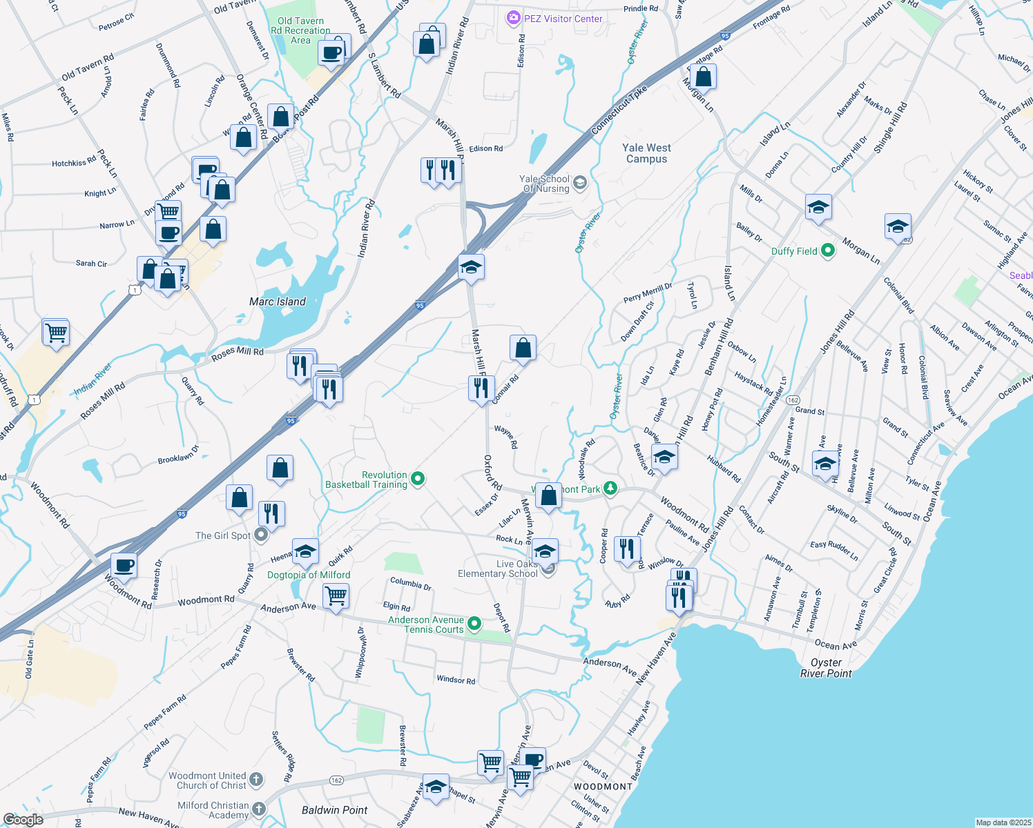 map of restaurants, bars, coffee shops, grocery stores, and more near 4 Oxford Road in Milford
