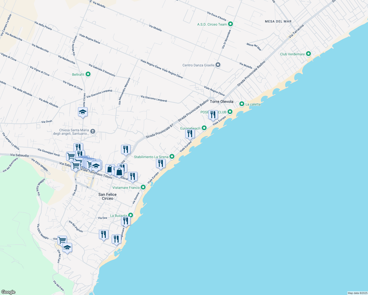 map of restaurants, bars, coffee shops, grocery stores, and more near S.P. Badino in San Felice Circeo