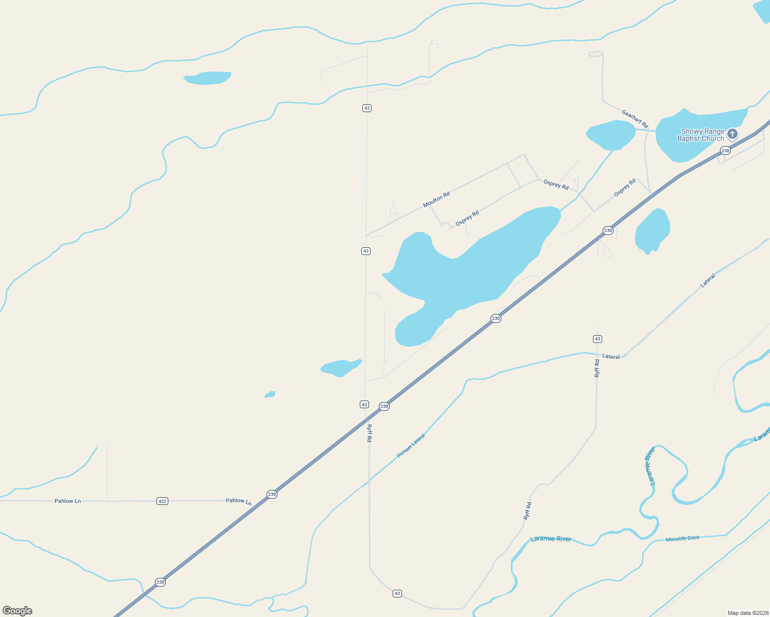 map of restaurants, bars, coffee shops, grocery stores, and more near Pvt Lake Road in Laramie