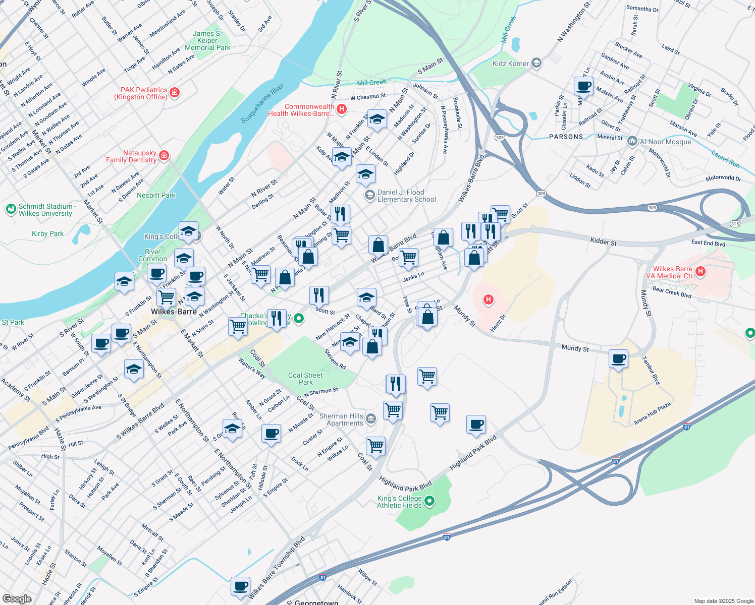 map of restaurants, bars, coffee shops, grocery stores, and more near 269 Scott St in Wilkes-Barre