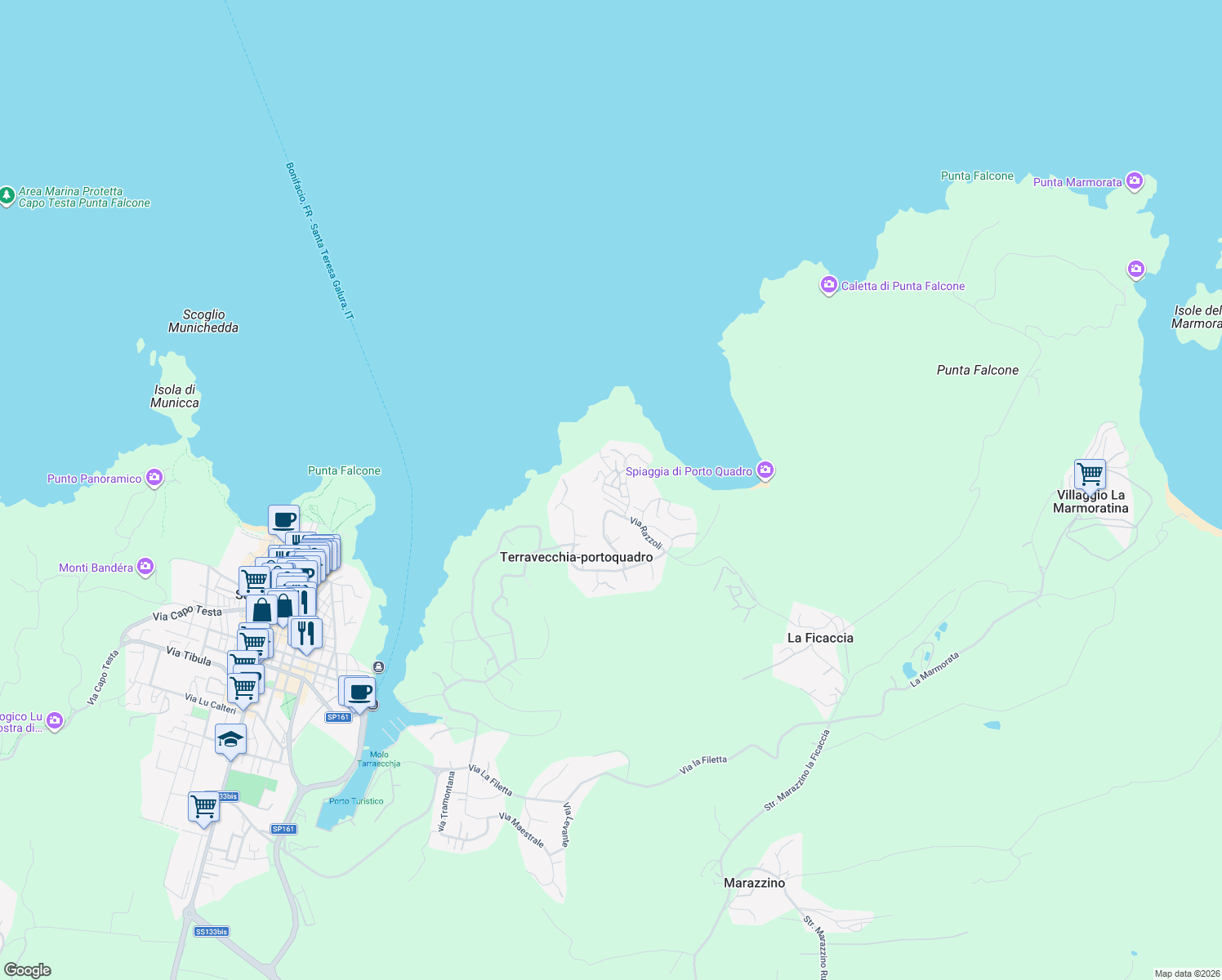 map of restaurants, bars, coffee shops, grocery stores, and more near in Provincia di Olbia-Tempio