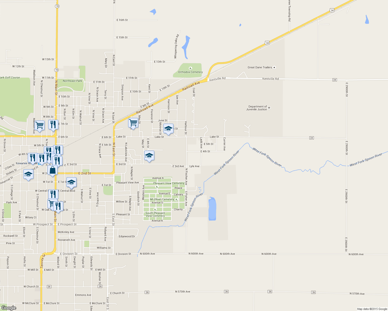 map of restaurants, bars, coffee shops, grocery stores, and more near 1615 East 4th Street in Kewanee
