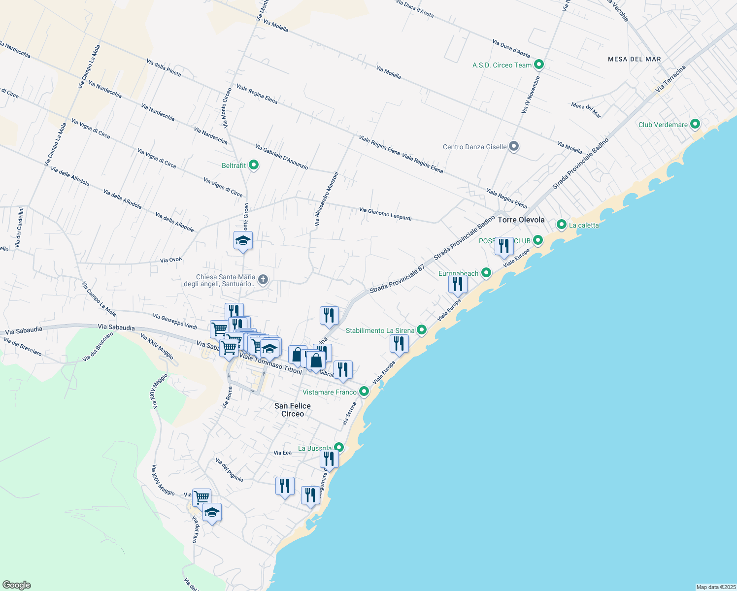 map of restaurants, bars, coffee shops, grocery stores, and more near 2 Via delle Ninfe in San Felice Circeo