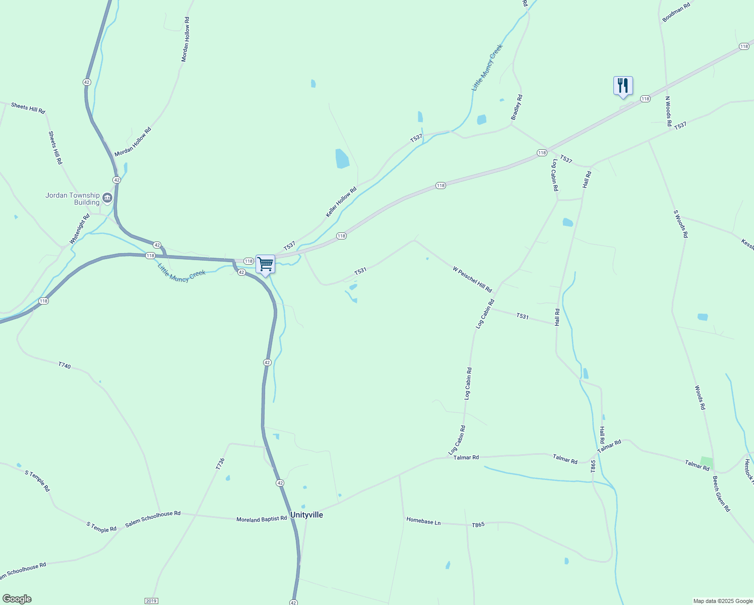 map of restaurants, bars, coffee shops, grocery stores, and more near 314 West Peischel Hill Road in Unityville