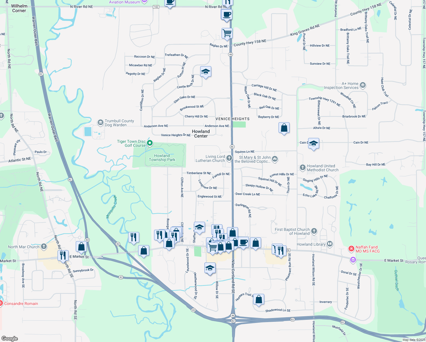 map of restaurants, bars, coffee shops, grocery stores, and more near 8241 Timberlane Street Northeast in Warren