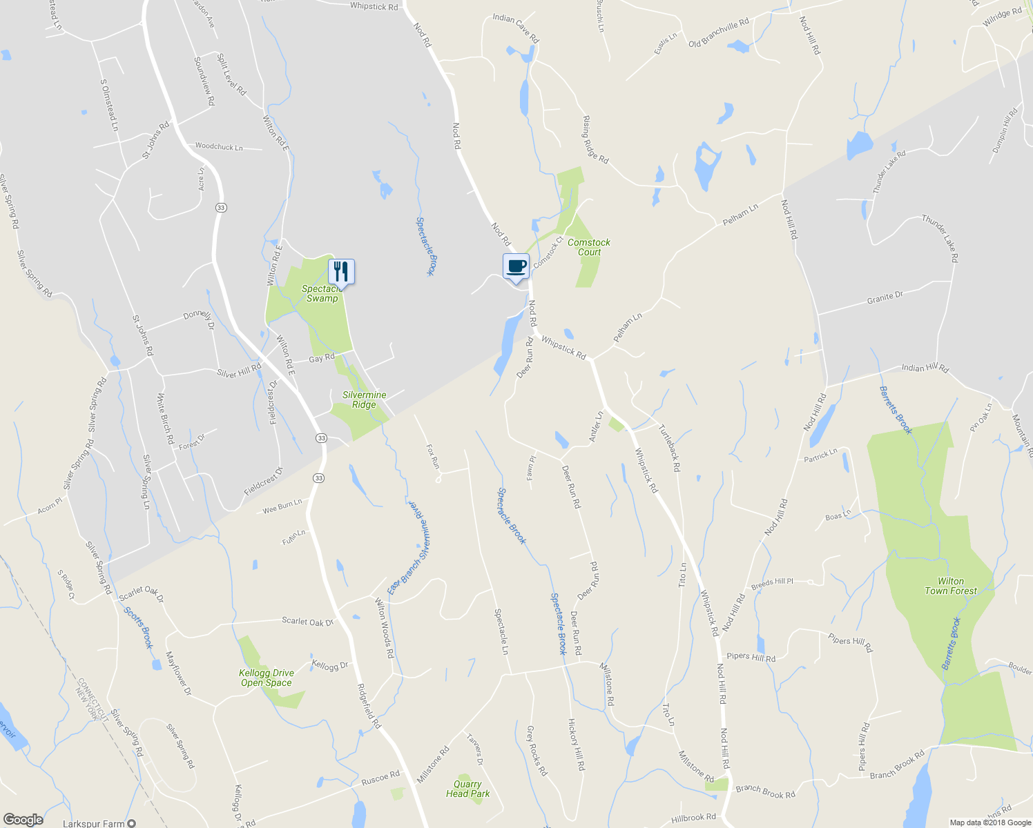 map of restaurants, bars, coffee shops, grocery stores, and more near 55 Deer Run Road in Wilton
