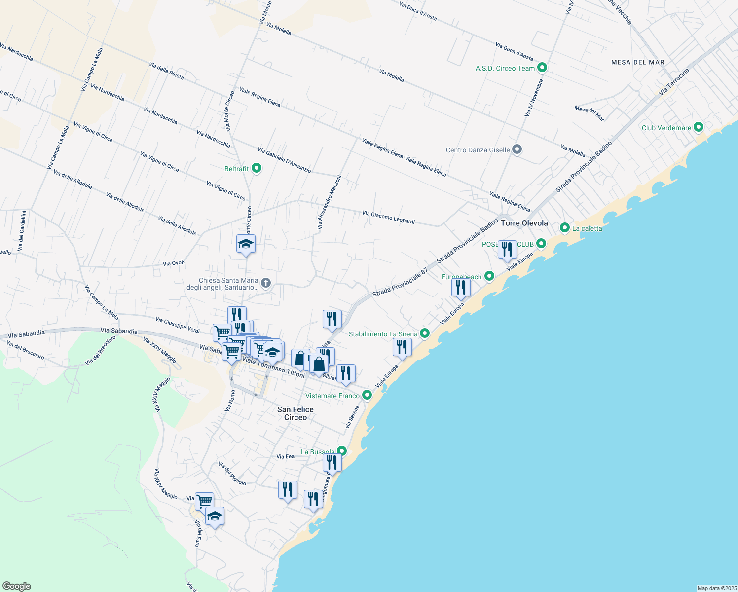 map of restaurants, bars, coffee shops, grocery stores, and more near 2 Via delle Ninfe in San Felice Circeo