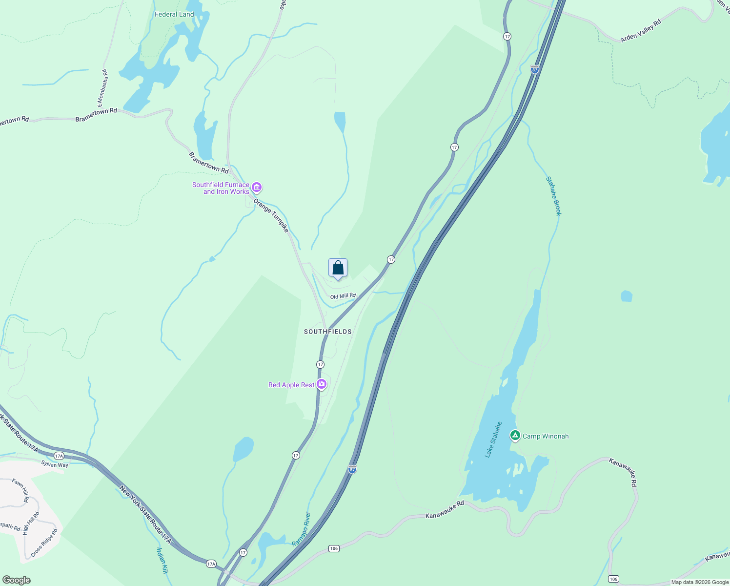 map of restaurants, bars, coffee shops, grocery stores, and more near 1068 New York 17 in Southfields