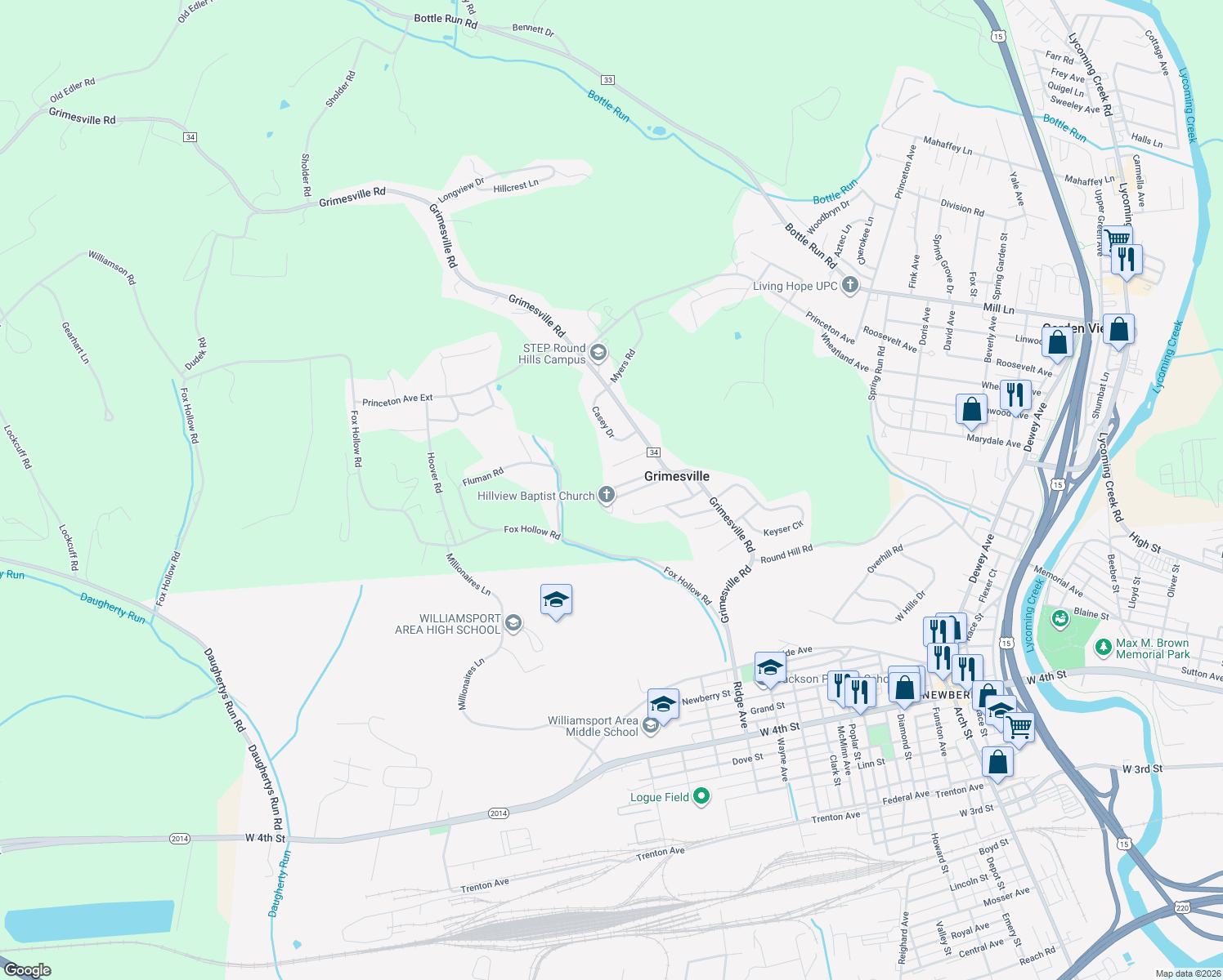 map of restaurants, bars, coffee shops, grocery stores, and more near 98 Hillview Ave in Williamsport