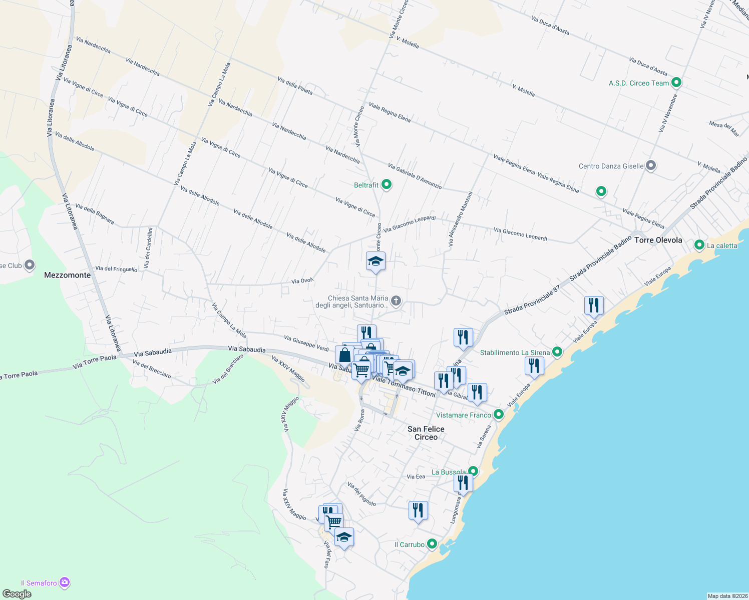 map of restaurants, bars, coffee shops, grocery stores, and more near 12 Via Monte Circeo in San Felice Circeo