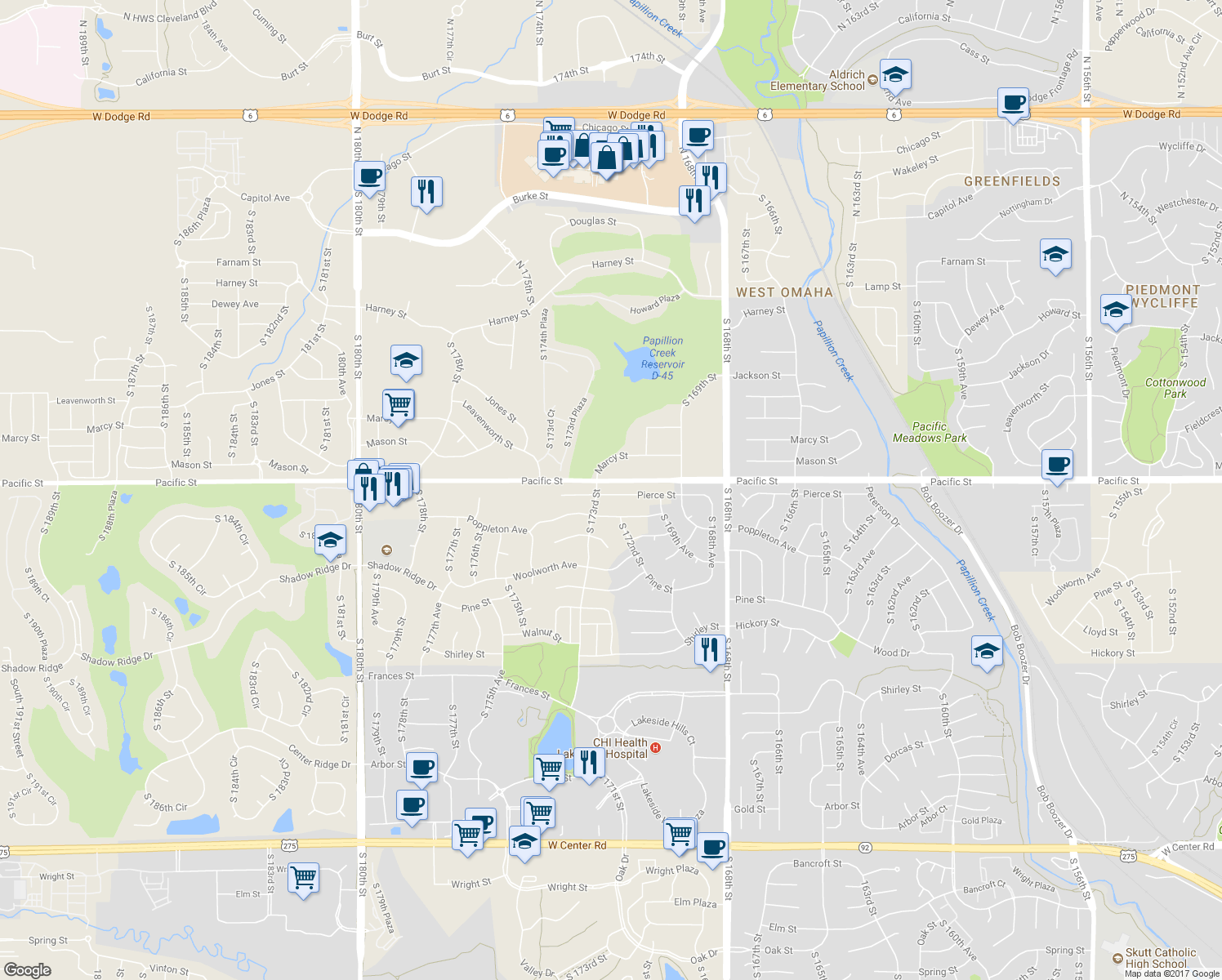 map of restaurants, bars, coffee shops, grocery stores, and more near 17214 Pierce Street in Omaha
