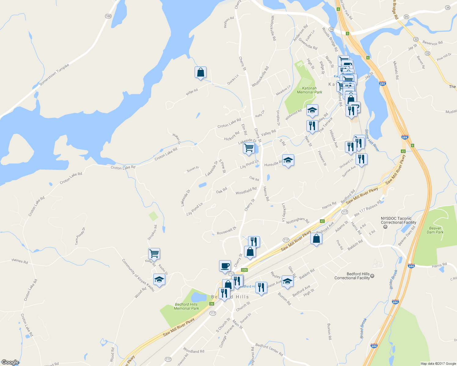 map of restaurants, bars, coffee shops, grocery stores, and more near 53 Oak Road in Katonah