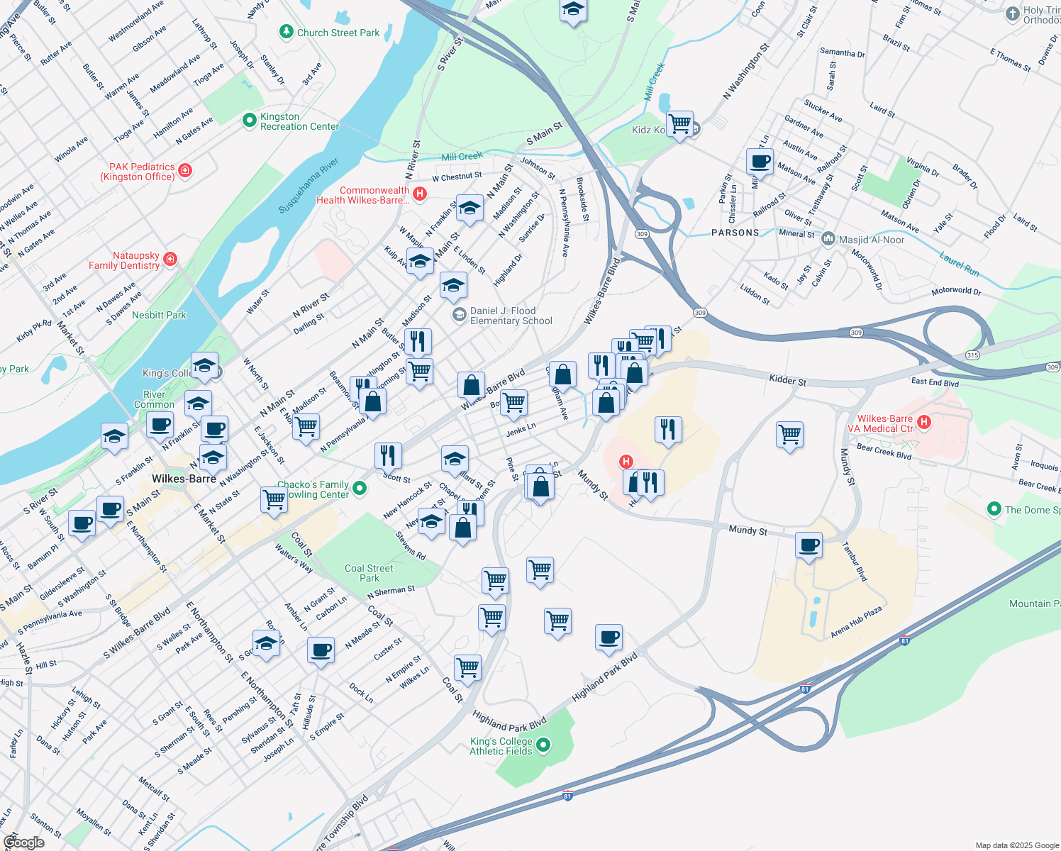 map of restaurants, bars, coffee shops, grocery stores, and more near 283 Kidder Street in Wilkes-Barre
