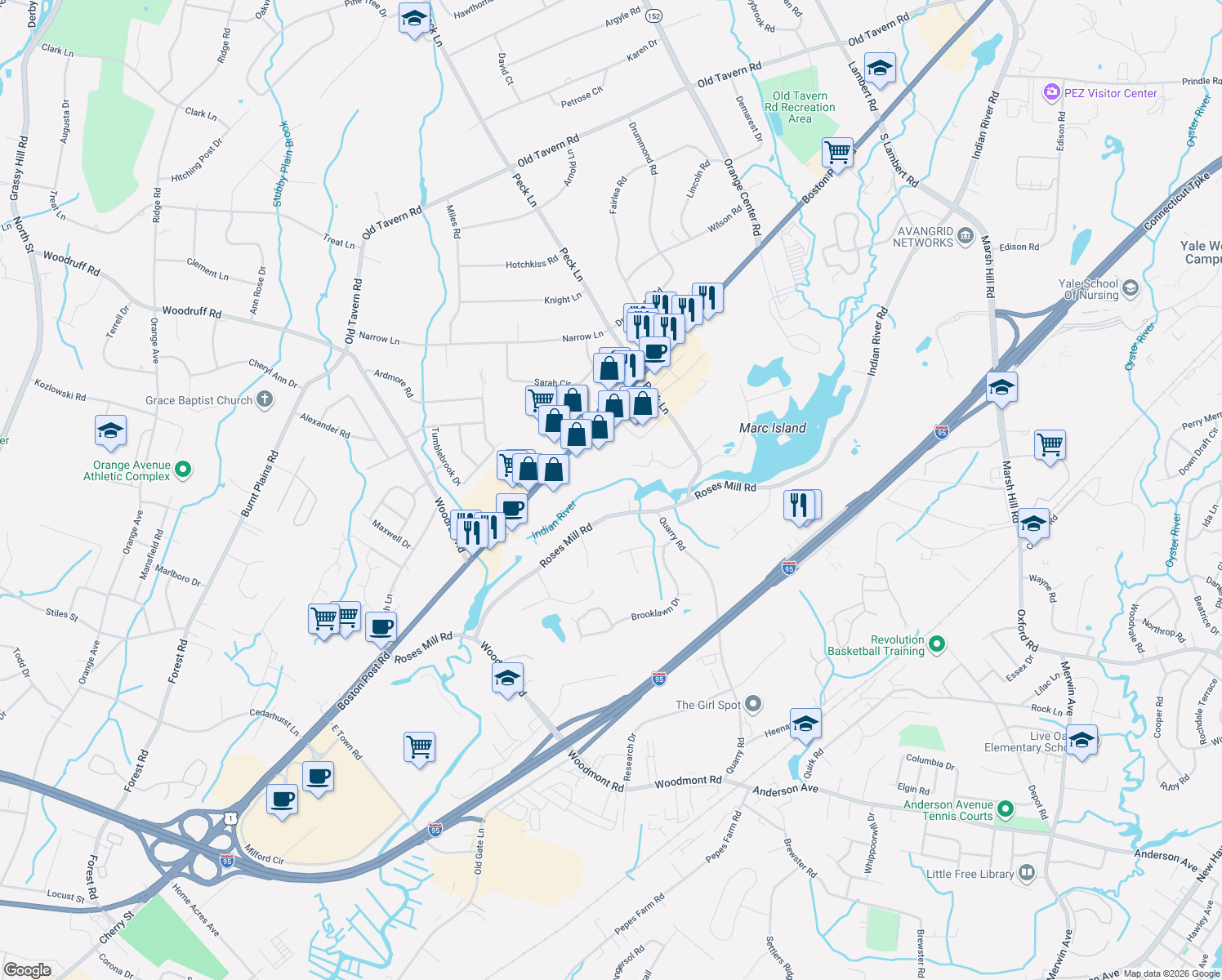 map of restaurants, bars, coffee shops, grocery stores, and more near 9 Mill Pond Close in Milford